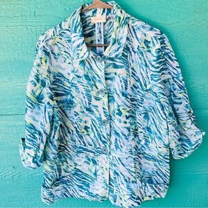 Chico's Linen/Blend Button Up LIGHTWEIGHT Jacket Top Blue Multicolor Sz 3 or XL
